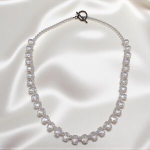 Vintage Crystal Bead Necklace with Toggle Clasp, Rectangle Clear Faceted Beads